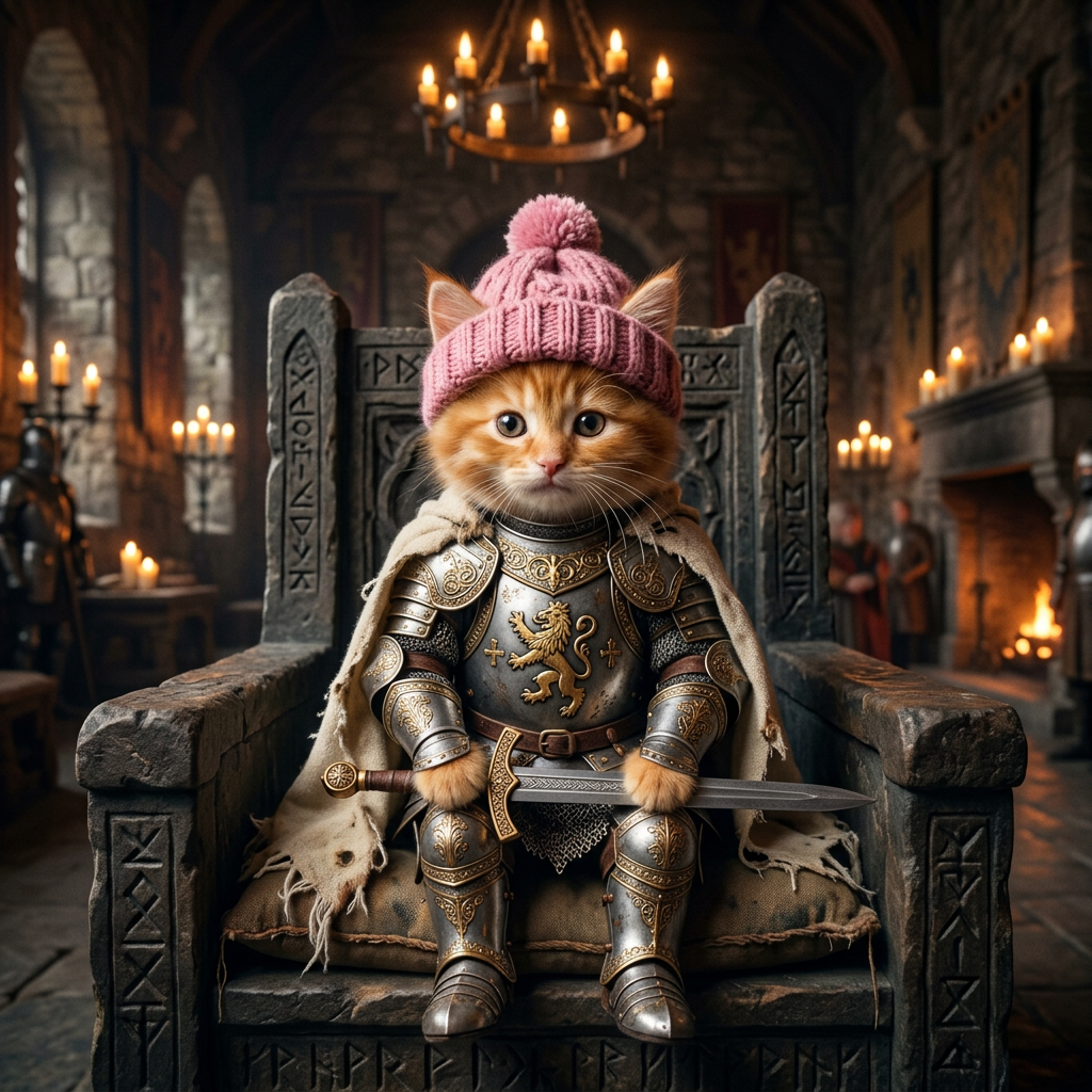 $SWORDWIFHAT seated on a stone throne with his sword
