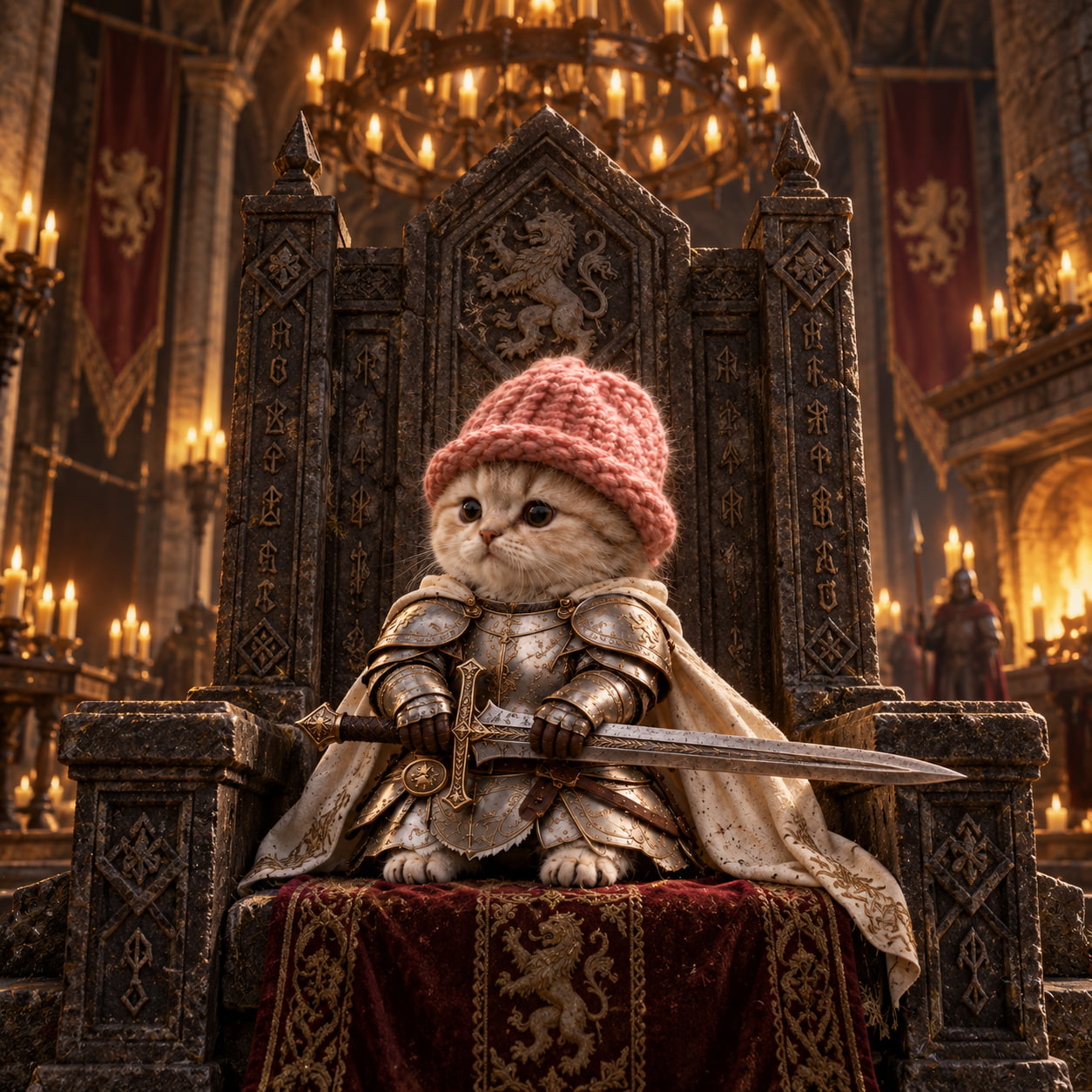 $SWORDWIFHAT seated on a stone throne with his sword